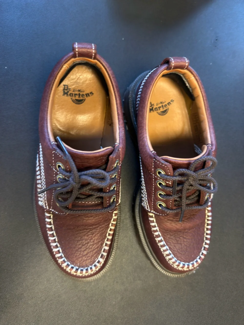 Dr. Martens Burgundy Leather Boat Shoes with White Contrast Stitching